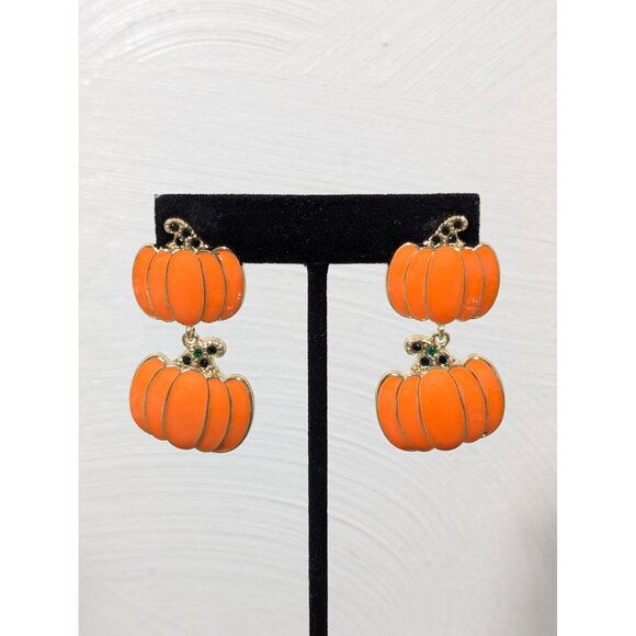 Orange Pumpkin Stacked Dangle Pierced Earrings Halloween Fall Autumn - Picture 1 of 6
